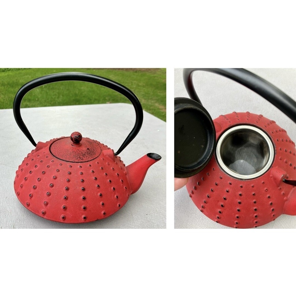 Red Cast Iron Hobnail Teapot with Infuser Japanese Tetsubin Style Tea Kettle
